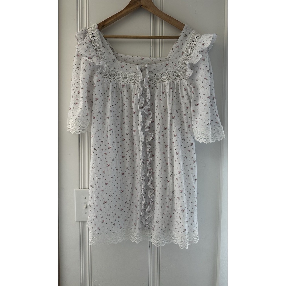 Cottagecore Floral Mini Dress Women's Small White Pink Prairie Lace Dress